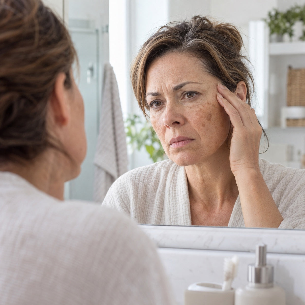 Woman in her 50s looking at sun spots in the mirror