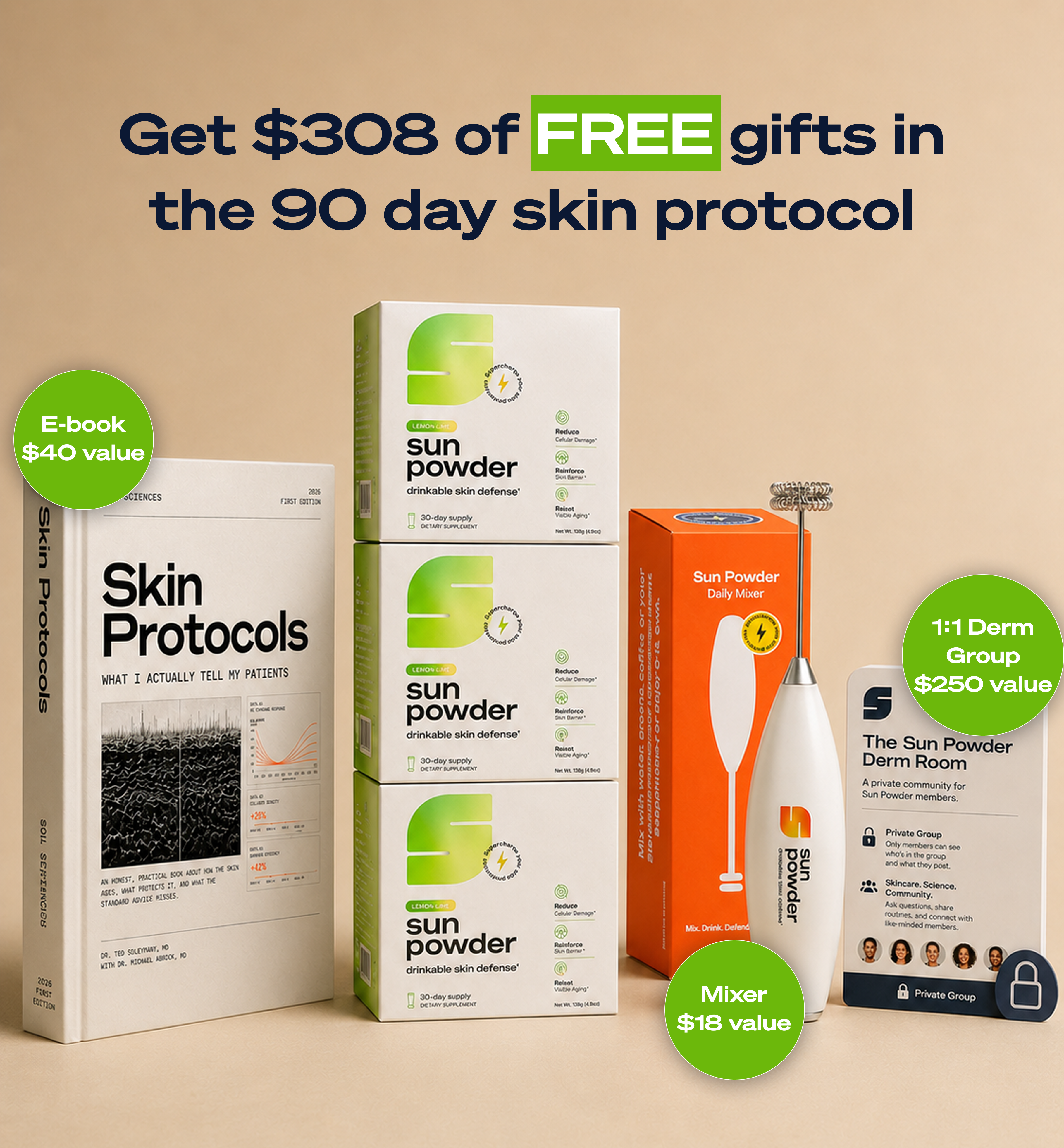 Get $308 of FREE gifts in the 90 day skin protocol: Skin Protocols e-book ($40 value), Sun Powder Derm Room community ($250 value), and Daily Mixer ($18 value)