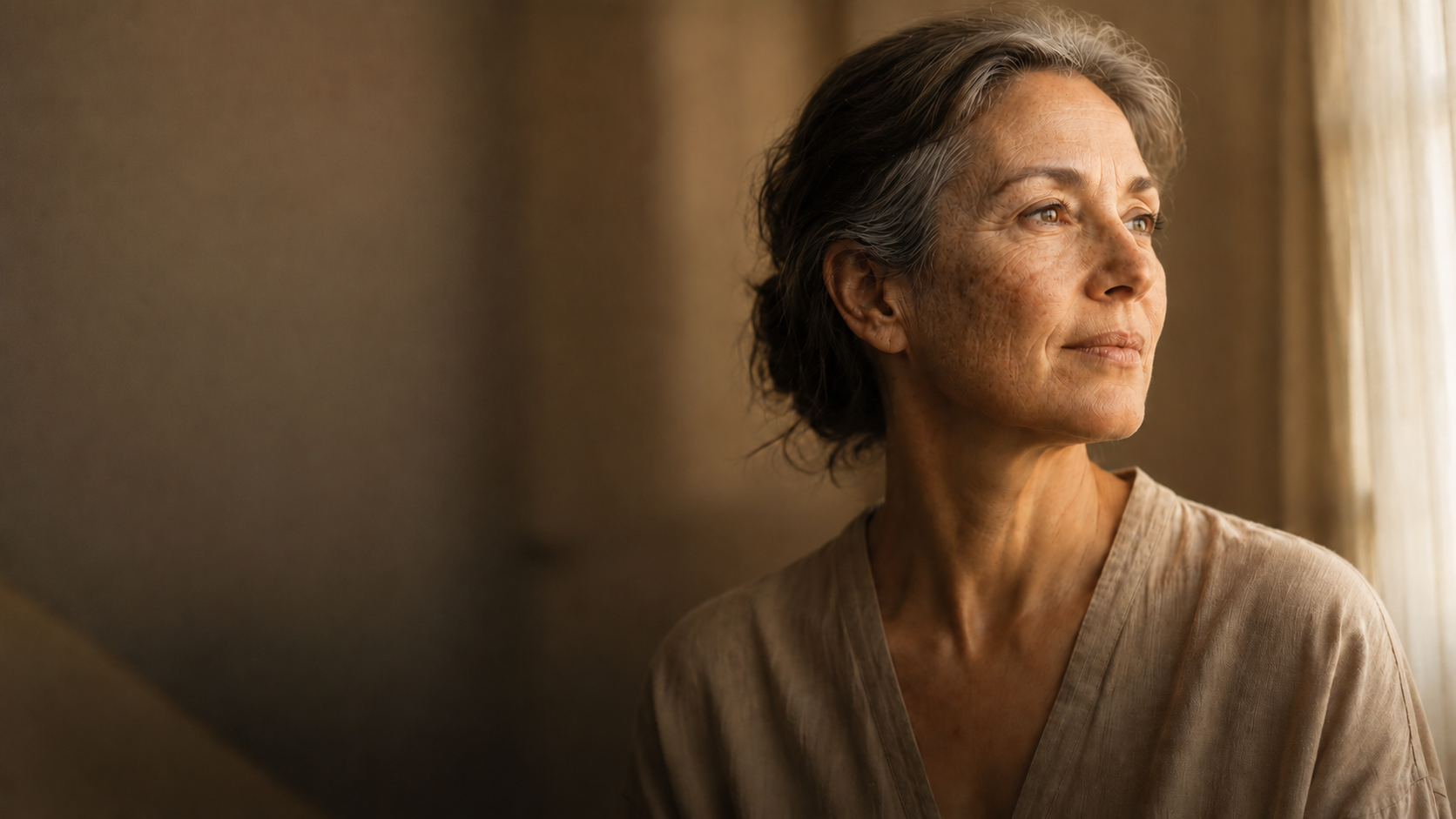 Middle-aged woman with visible sun-spots on her cheek, looking toward window light