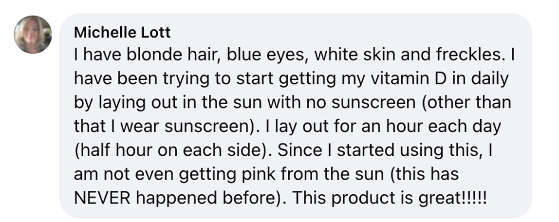 Facebook comment from Michelle Lott about Sun Powder
