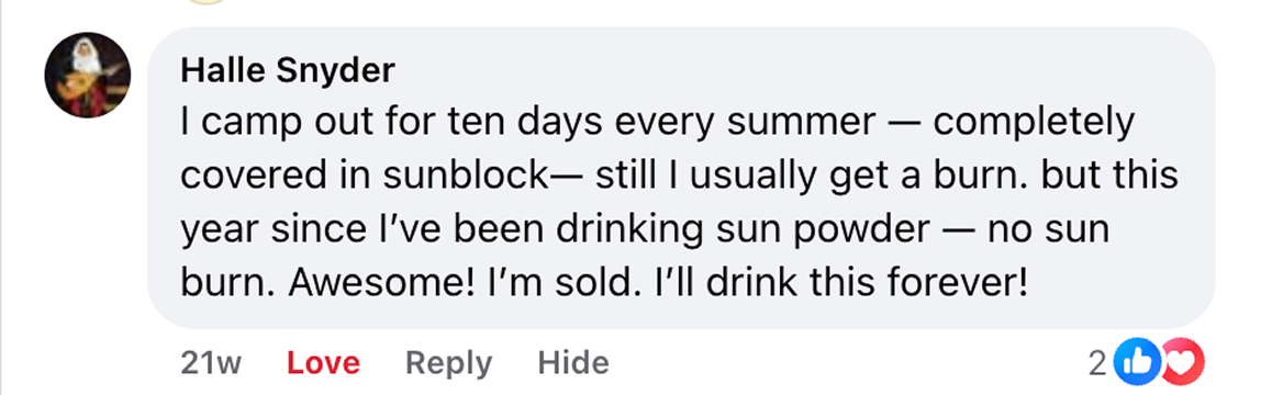 Facebook comment from Halle Snyder about Sun Powder