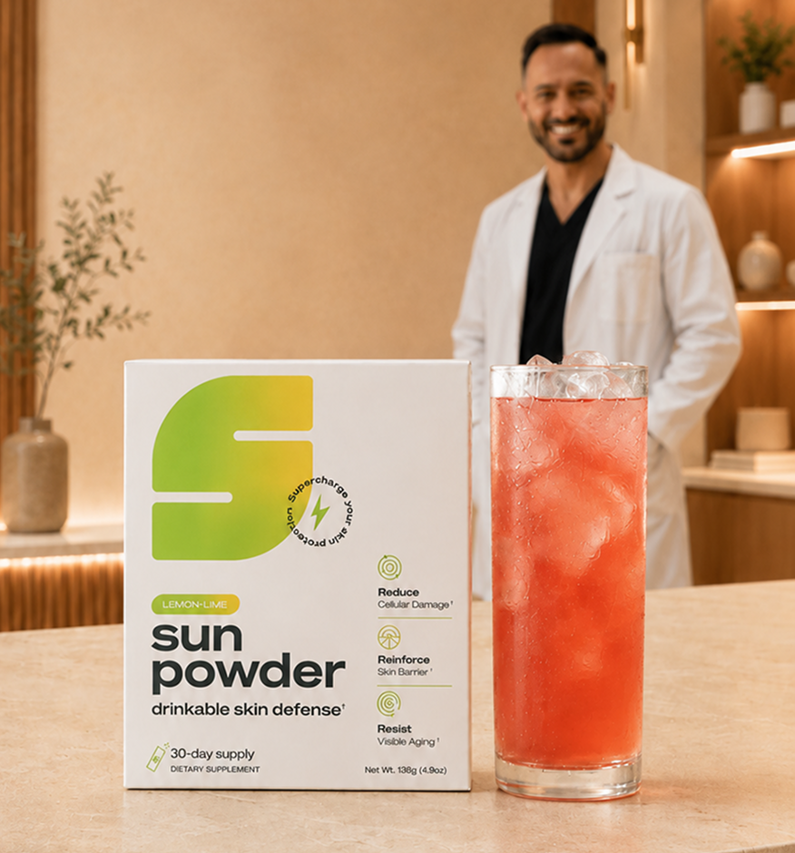 Sun Powder box with finished drink and Dr. Teo Soleymani in the background