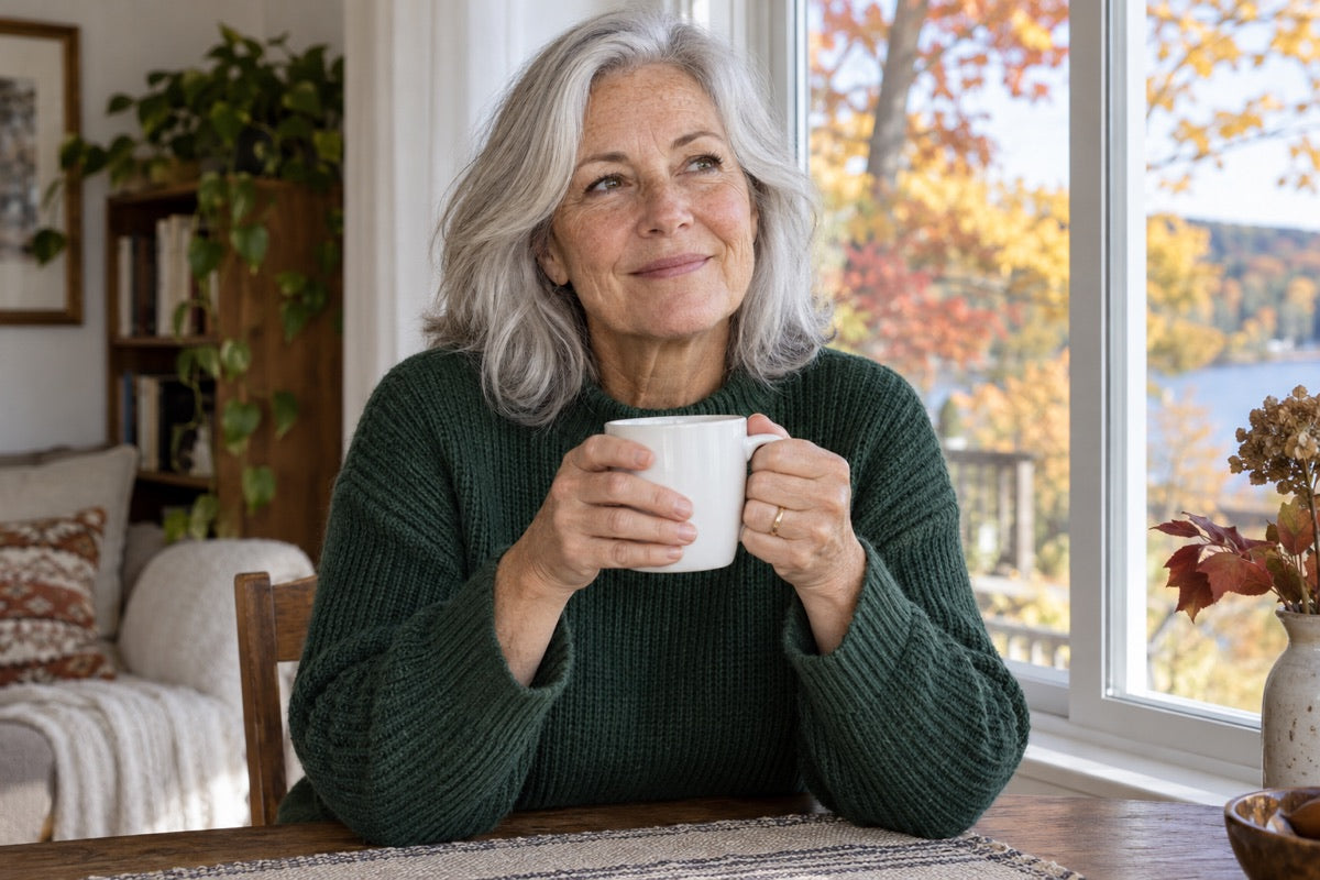 Woman in her 60s with a coffee in autumn light