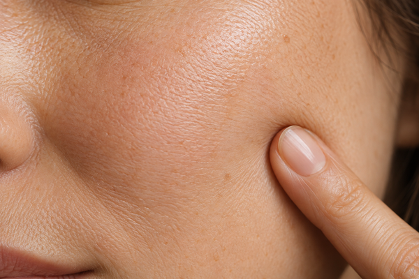 Close-up of skin with a fingertip lightly pressing the cheek