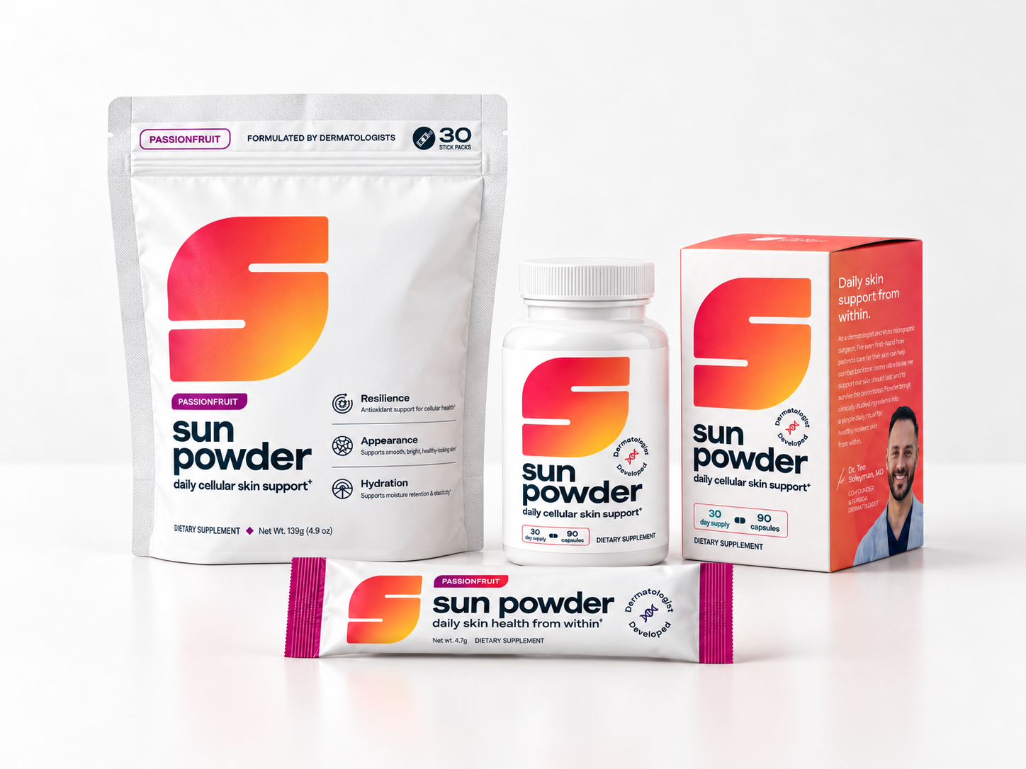 Sun Powder passionfruit sticks, capsules, and packaging